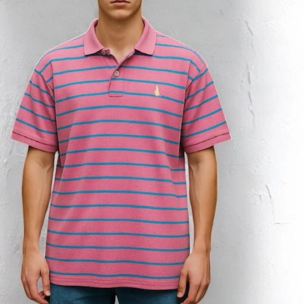 Ralph Lauren 100% Cotton Pink & Blue Stripe‎ Short Sleeve Polo Size Large